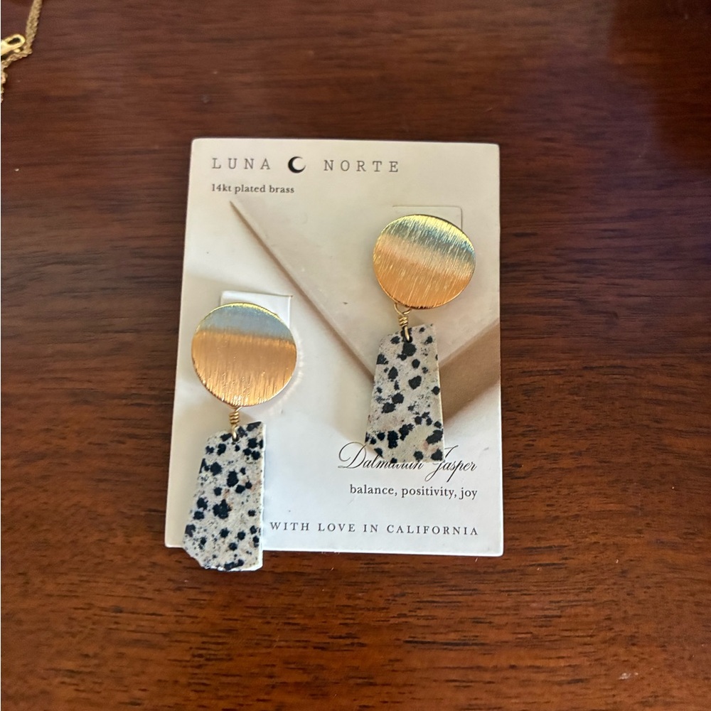 Luna Norte Gold and Speckled Dalmatian Jasper Drop Earrings